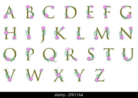 Lettres majuscules de l'alphabet avec fleurs. Les lettres de l'alphabet anglais sont décorées de fleurs et de feuilles. Séparez les lettres en rose Illustration de Vecteur