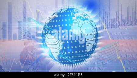 Composition du traitement des données financières dans le monde entier sur fond bleu Banque D'Images