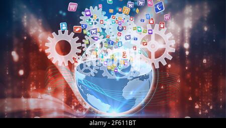 Composition d'icônes et de cogs numériques sur le globe en rouge et sur fond bleu Banque D'Images