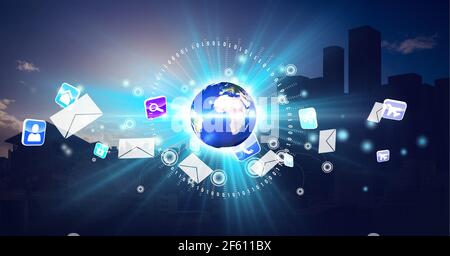 Composition d'icônes numériques sur le globe et paysage urbain en bleu arrière-plan Banque D'Images