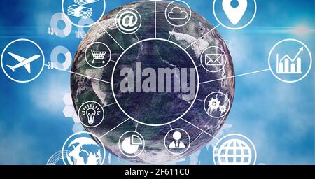 Composition du réseau de connexions et traitement des données financières sur globe sur bleu Banque D'Images