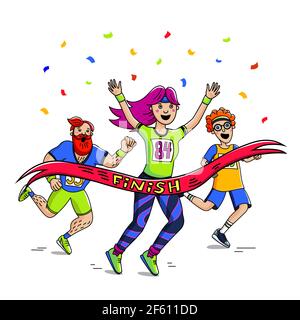 Course marathon. Une femme, un homme et un adolescent franchissant la ligne d'arrivée. Personnages de style caricature. Compétition de coureurs. Illustration vectorielle. Illustration de Vecteur