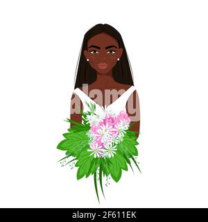 Fille noire en blanc avec un bouquet de fleurs dans ses mains, jolie femme afro avec maquillage, magnifique avatar féminin, illustration vectorielle de style plat. Illustration de Vecteur