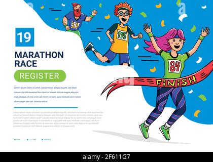 Modèle de bannière course marathon. Une femme, un homme et un adolescent franchissant la ligne d'arrivée. Personnages de style caricature. Compétition de coureurs. Illustration vectorielle. Illustration de Vecteur