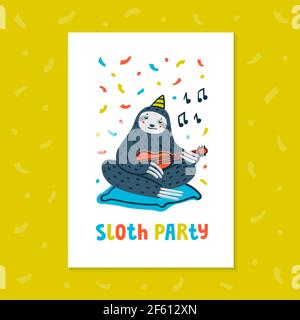 Carte de vœux ou invitation pour une fête paresseuse. Fête des animaux. Adorable sloth jouant ukulele. Illustration vectorielle Illustration de Vecteur