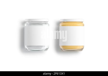 Pot en verre vierge avec étiquette blanche et maquette de beurre d'arachide Banque D'Images