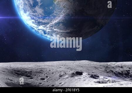 Vue de la planète Terre depuis la surface de la Lune. Les éléments de cette image sont fournis par la NASA Banque D'Images