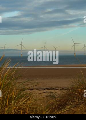 Parc éolien proche de la rive à Redcar avec un premier plan d'herbe de dunes, plage de sable et mer. Les turbines se tiennent à l'horizon avant un ciel d'hiver. Banque D'Images