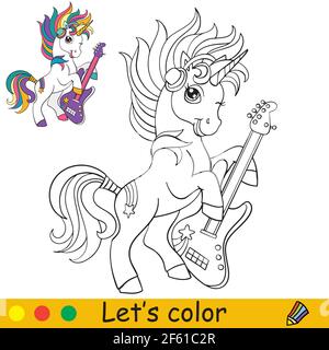 Cool dessin animé unicorn avec une guitare. Page de livre de coloriage avec modèle coloré. Illustration vectorielle isolée. Pour livre de coloriage, impression, jeu, ed Illustration de Vecteur