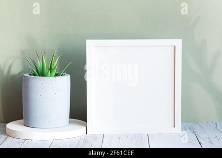 Maquette d'affiche à cadre blanc dans un intérieur minimaliste, installation de maison succulente dans une casserole en béton. Composition en intérieur scandi, couleurs gris-vert. Banque D'Images