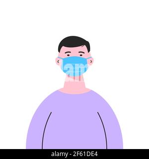Homme blanc portant un masque médical isolé sur fond blanc. Protection contre le coronavirus, mesures de prévention en cas de pandémie. Concept de prévention COVID-19 Illustration de Vecteur
