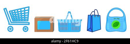 Sacs, chariots et paniers isolés sur fond blanc. Icônes des sacs vides du centre commercial. Collecte des enseignes du supermarché. Illustration vectorielle Illustration de Vecteur