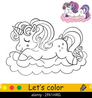 Adorable licorne glissant sur un nuage. Page de livre de coloriage avec modèle coloré. Illustration vectorielle isolée. Pour livre de coloriage, impression, jeu, educ Illustration de Vecteur