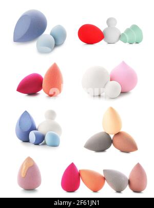 Ensemble d'éponges de maquillage sur fond blanc Banque D'Images