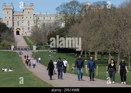 Windsor, Royaume-Uni. 29 mars 2021. Les résidents et les visiteurs de la région peuvent se promener sur la longue promenade dans le grand parc de Windsor au début de ce qui devrait être une courte période de temps chaud. Le gouvernement a depuis aujourd'hui assoupli les restrictions de la COVID-19 sur les rassemblements extérieurs dans les espaces publics et les jardins privés en permettant à deux ménages de toute taille ou six personnes de six ménages maximum de se rencontrer à l'extérieur de l'Angleterre. Crédit : Mark Kerrison/Alamy Live News Banque D'Images