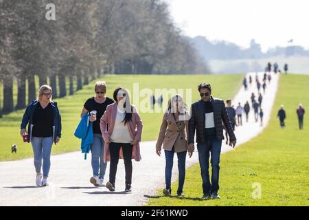 Windsor, Royaume-Uni. 29 mars 2021. Les résidents et les visiteurs de la région peuvent se promener sur la longue promenade dans le grand parc de Windsor au début de ce qui devrait être une courte période de temps chaud. Le gouvernement a depuis aujourd'hui assoupli les restrictions de la COVID-19 sur les rassemblements extérieurs dans les espaces publics et les jardins privés en permettant à deux ménages de toute taille ou six personnes de six ménages maximum de se rencontrer à l'extérieur de l'Angleterre. Crédit : Mark Kerrison/Alamy Live News Banque D'Images