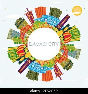 Davao City Philippines Skyline avec des bâtiments couleur, ciel bleu et espace de copie. Illustration vectorielle. Voyages d'affaires et tourisme Illustration. Illustration de Vecteur