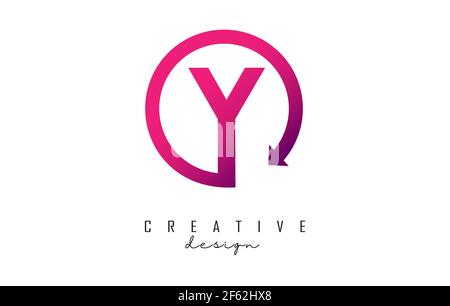 Logo lettre y rose avec cadre circulaire et flèche. Illustration vectorielle créative de couleur rose et lettre Y. Illustration de Vecteur