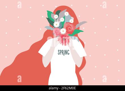 REDHEAD fille tient un bouquet de fleurs de jardin dans elle mains devant son visage sur un joli pointillé rose toile de fond Illustration de Vecteur