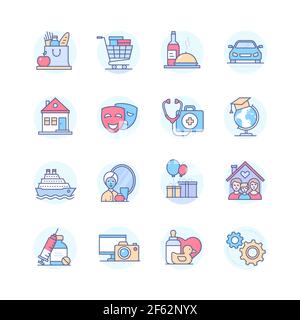 Catégories de budget - jeu d'icônes de style de conception de ligne. Gestion financière et idée de dépenses. Shopping, cafés, transport, logement, divertissement, réparer Illustration de Vecteur