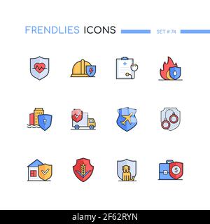 Assurance - jeu d'icônes de style moderne de design de ligne. Sécurité et protection contre les pertes financières. Vie, santé, accident, médical, crime, inondations, affaires Illustration de Vecteur