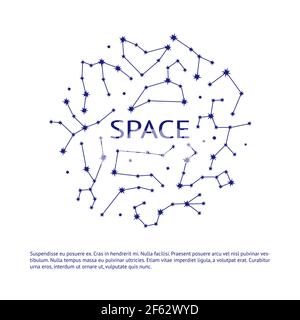 Bannière d'espace avec symboles de constellation du zodiaque et place pour le texte. Affiche ronde avec affiches en forme d'étoile. Illustration vectorielle. Illustration de Vecteur