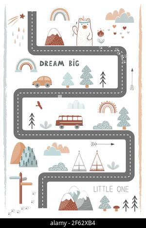 Bream Big, Little One - affiche, tapis ou tapisserie mignons pour enfants de style scandinave. Route, montagnes et bois carte d'aventure. Imprimé pépinière pastel Illustration de Vecteur