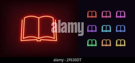 Icône de livre ouvert Neon. Enseigne lumineuse au néon pour livres, silhouette de manuel dans des couleurs vives. Librairie et bibliothèque en ligne, documentation, manuel et journal Illustration de Vecteur