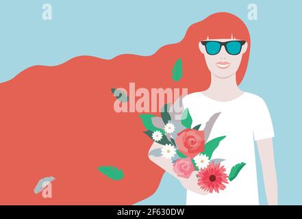 La fille REDHEAD en lunettes de soleil tient un bouquet de fleurs de jardin dans ses mains sur fond bleu clair Illustration de Vecteur