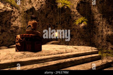 Le pirate assis sur un coffre au Trésor dans une grotte. rendu 3d. Banque D'Images