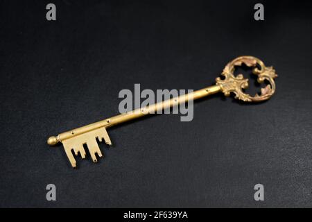 Touche en laiton vintage ornée sur le noir avec mise au point sélective sur les dents posées en diagonale avec l'espace de copie pour les concepts magiques Banque D'Images