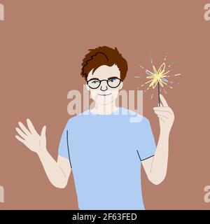 Un jeune homme isolé en t-shirt bleu tient un feu d'artifice ou une baguette magique dans une main. Portrait vectoriel de dessin animé souriant homme tenant une étincelle de brûlure Illustration de Vecteur