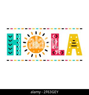 Citation de Hola avec soleil. Illustration de dessin animé de style scandinave vectoriel. Isolé sur fond blanc. Hola texte imprimé pour t-shirt, poster, carte concept Illustration de Vecteur
