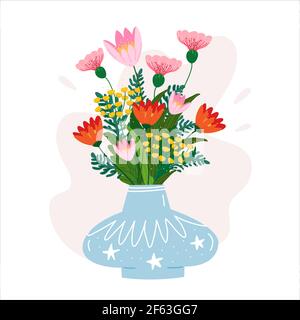 Bouquet de fleurs dans un vase bleu. Dessin animé mignon et confortable dessin à la main illustration vectorielle isolée avec mimosa, carnation, tulipe et fleurs de fougères. Bien Illustration de Vecteur