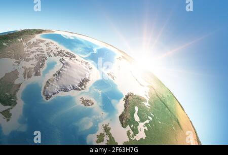 Soleil brillant sur une vue détaillée de la planète Terre, concentrée sur le pôle Nord, le Groenland et l'océan Arctique - éléments fournis par la NASA Banque D'Images