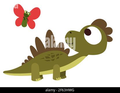 Bebe Dinosaure Jouant Avec Un Papillon L Objet Isole Sur Un Fond Blanc Joyeux Enfant Animal Dessins Animes De Style Plat Prehistorique Image Vectorielle Stock Alamy