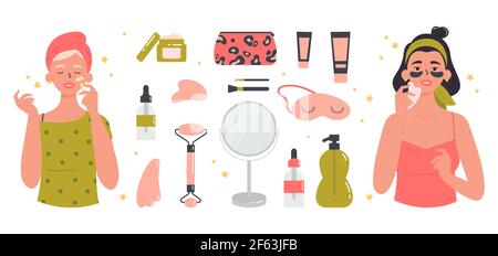 Filles avec divers cosmétiques et accessoires. Illustration de Vecteur