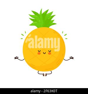 Mignon drôle fruit d'ananas méditer dans la pose de yoga. Icône d'illustration de personnage de dessin animé à la main de vecteur kawaii. Isolé sur fond blanc. Concept de méditer aux fruits d'ananas Illustration de Vecteur