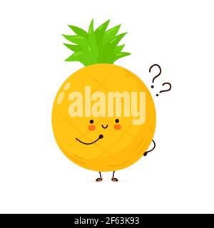 Mignon drôle de fruit d'ananas avec des points d'interrogation. Icône d'illustration de personnage de dessin animé à la main de vecteur kawaii. Isolé sur fond blanc. Concept de pensée de fruit d'ananas Illustration de Vecteur