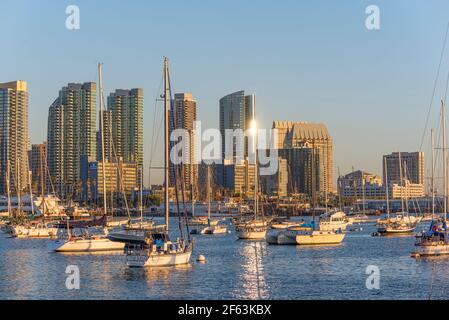 Skyline de San Diego et port de San Diego en fin d'après-midi d'hiver. San Diego, Californie, États-Unis. Banque D'Images