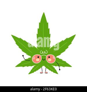 Adorable personnage de feuille de marijuana Weed drôle. Icône d'illustration de personnage de dessin animé à la main de vecteur kawaii. Isolé sur fond blanc. Concept de caractère de feuille de marijuana de mauvaises herbes Illustration de Vecteur
