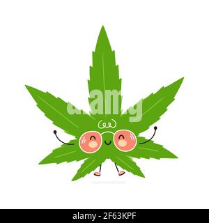 Adorable personnage de feuille de marijuana Weed drôle. Icône d'illustration de personnage de dessin animé à la main de vecteur kawaii. Isolé sur fond blanc. Concept de caractère de feuille de marijuana de mauvaises herbes Illustration de Vecteur