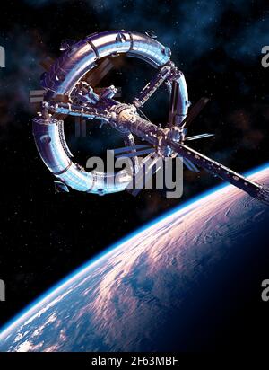 Station spatiale futuriste en orbite autour de Blue Planet Earth Banque D'Images