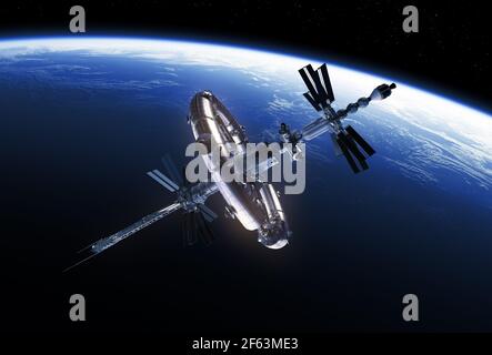 Grande station spatiale en orbite autour de Blue Planet Earth Banque D'Images