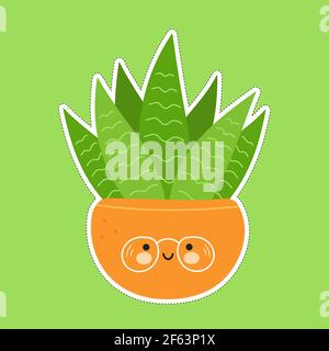 Mignon drôle succulent dans un sticker de personnage de pot. Icône d'illustration de personnage de dessin animé à la main de vecteur kawaii. Succulent dans un concept de personnage de pot Illustration de Vecteur