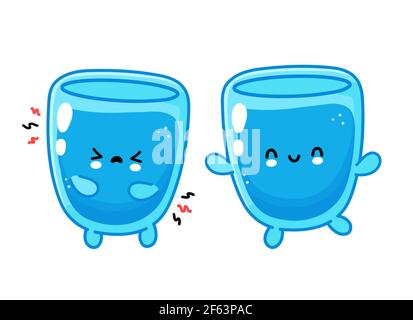 Mignon drôle heureux et triste personnage de verre d'eau. Icône d'illustration de personnage de dessin animé kawaii à lignes planes vectorielles. Isolé sur fond blanc. Concept de personnage en verre d'eau Illustration de Vecteur