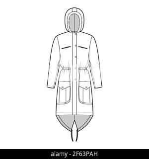 Parka manteau illustration technique de la mode avec capuche en fausse fourrure, manches longues, corps ajusté, longueur genou, poches à rabat. Modèle de veste plate sur le devant, style blanc. Femmes, hommes, unisex top CAD maquette Illustration de Vecteur