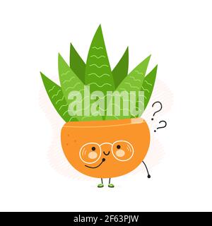 Mignon drôle succulent dans un pot avec des points d'interrogation. Icône d'illustration de personnage de dessin animé à la main de vecteur kawaii. Isolé sur fond blanc. Succulent dans un concept de réflexion de pot Illustration de Vecteur