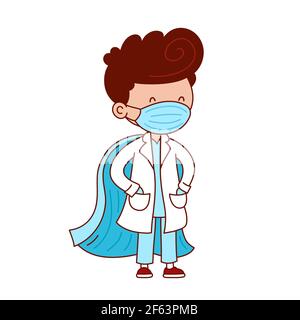 Un adorable médecin avec des masques médicaux et une cape super-héro. Illustration à ligne plate de personnage de dessin animé vectoriel. Isolé sur fond blanc. Concept des travailleurs de la santé superhéros médical Illustration de Vecteur