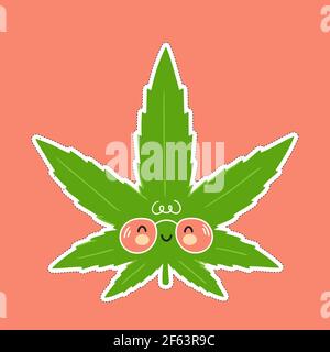 Joli drôle Weed marijuana feuille autocollant caractère. Icône d'illustration de personnage de dessin animé à la main de vecteur kawaii. Concept de caractère de feuille de marijuana de mauvaises herbes Illustration de Vecteur